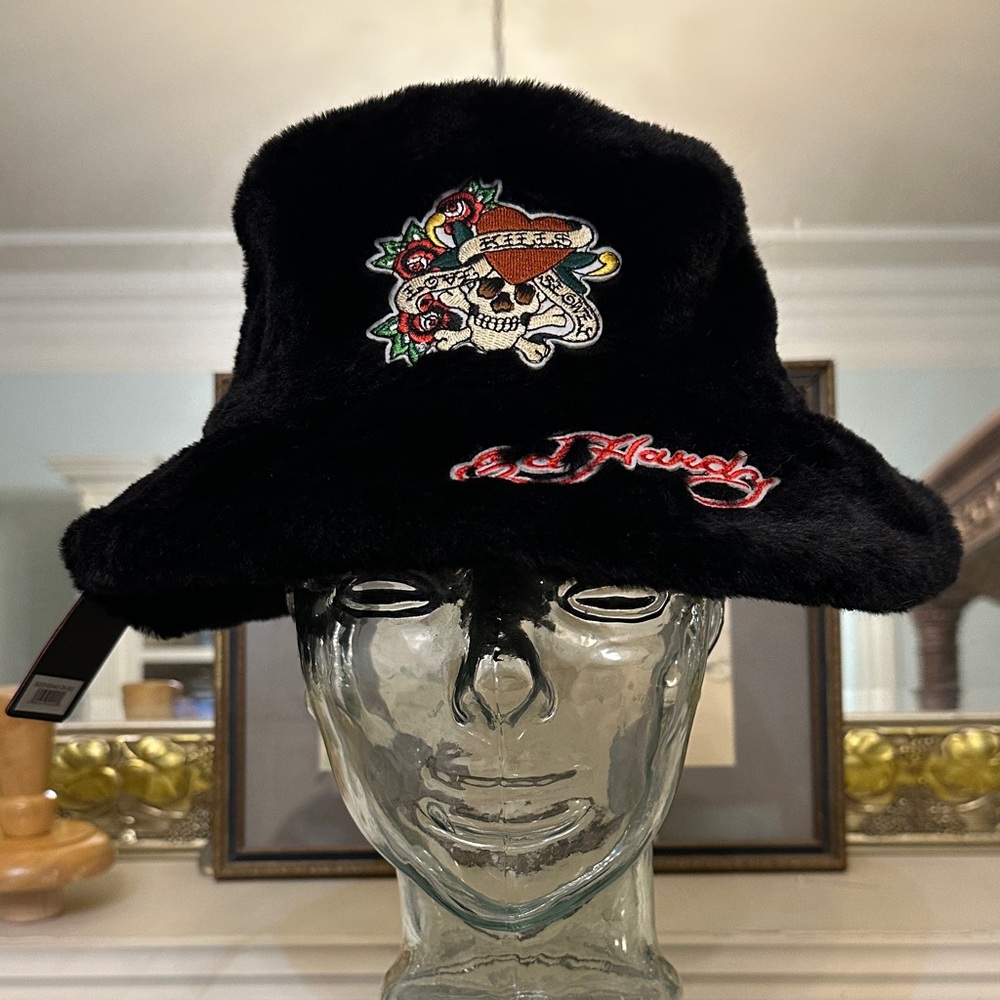 “Ed Hardy” Black Faux Fur Bucket Hat with Embroidered Design